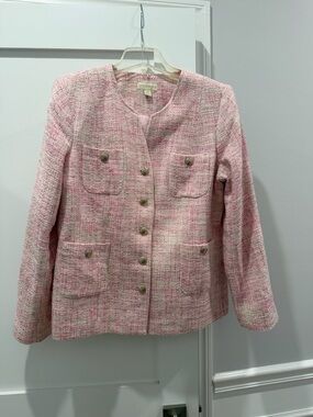 Appleseed's Button Down Tweed White Pink Blazer front pockets Size 14
